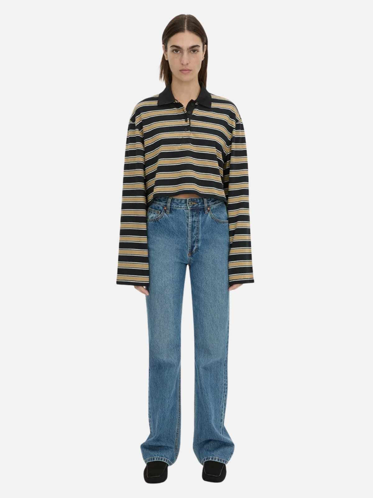 Liat Stripe Crop Polo Top - Black Stripe