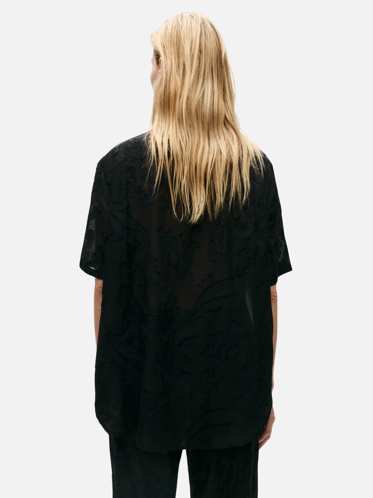 Wool Silk Short Sleeve Boyfriend Shirt - Black