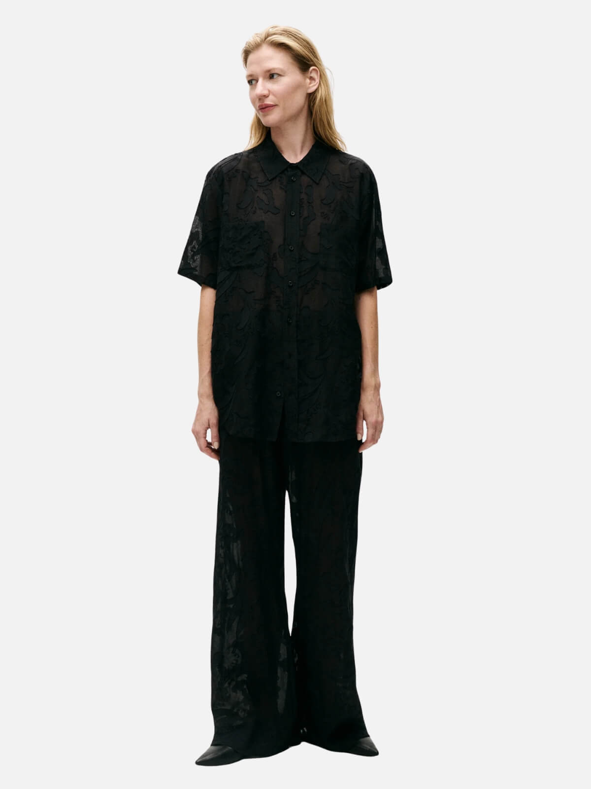 Wool Silk Short Sleeve Boyfriend Shirt - Black