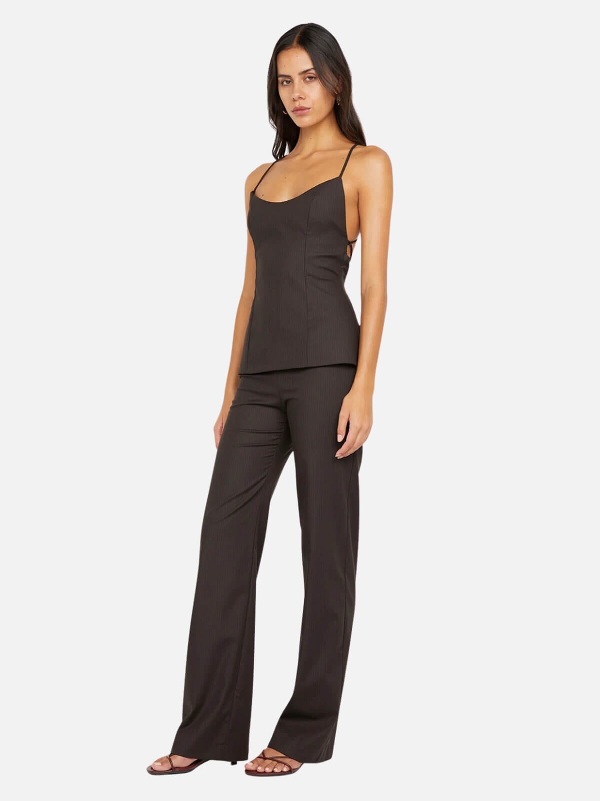 Ingrid Tie Top - Choc Pinstripe Tops Bec + Bridge