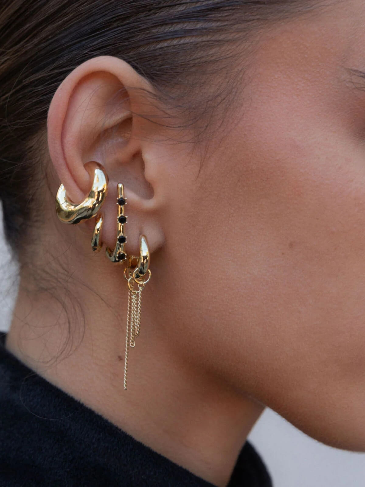 Everything Lobe Earring with Gemstones: Brass + 18K Gold Plating + Onyx