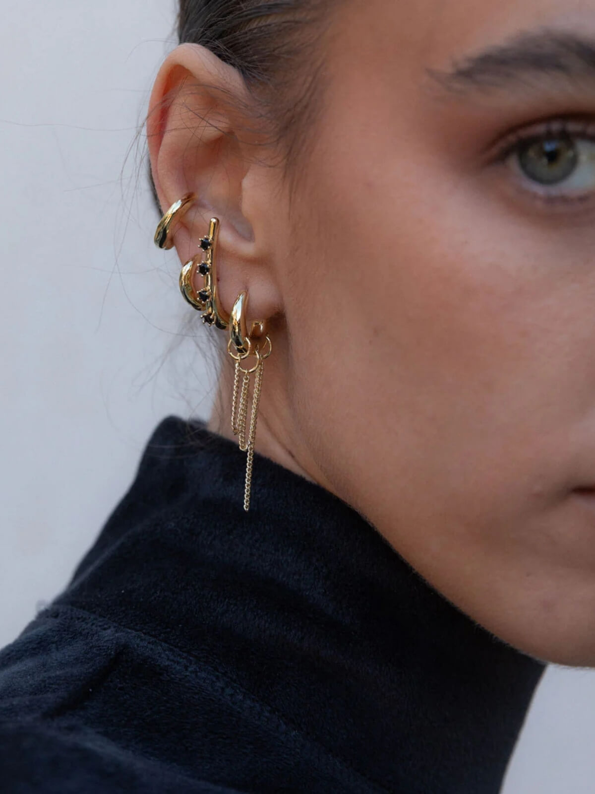 Everything Lobe Earring with Gemstones: Brass + 18K Gold Plating + Onyx