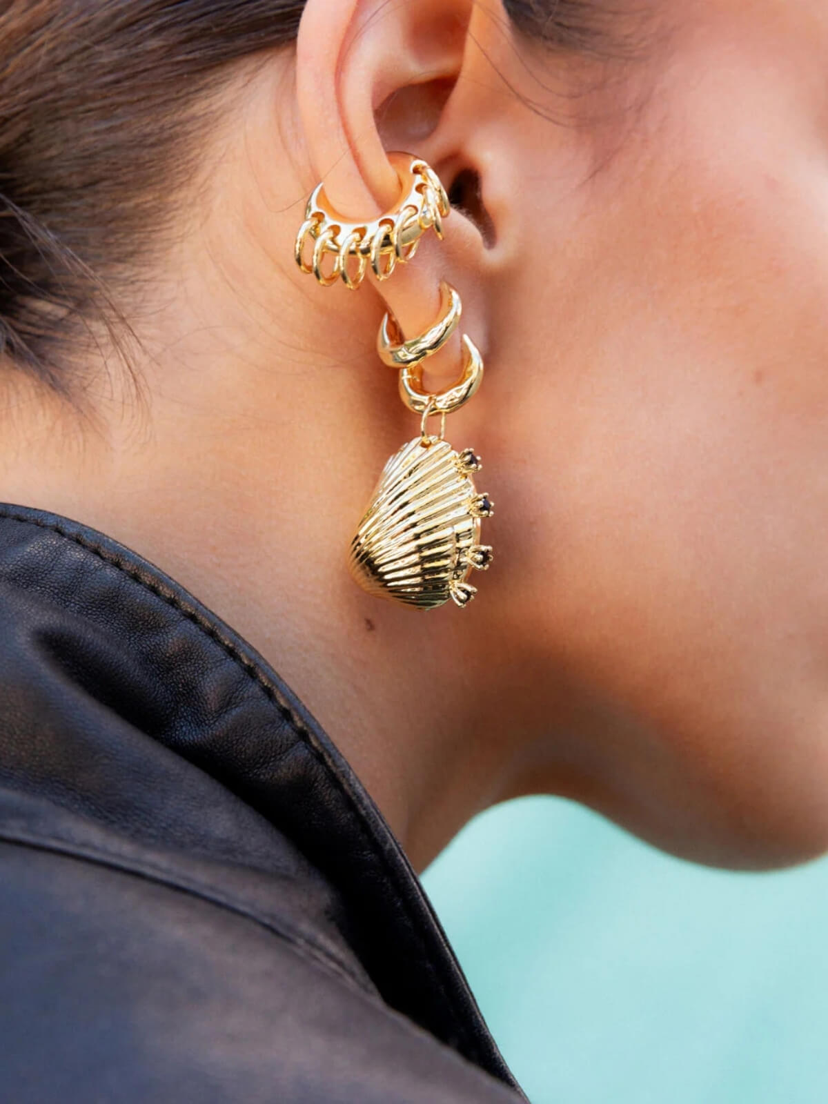 Salty Spiked Shell Earrings: Brass + 18K Gold Plating + Onyx