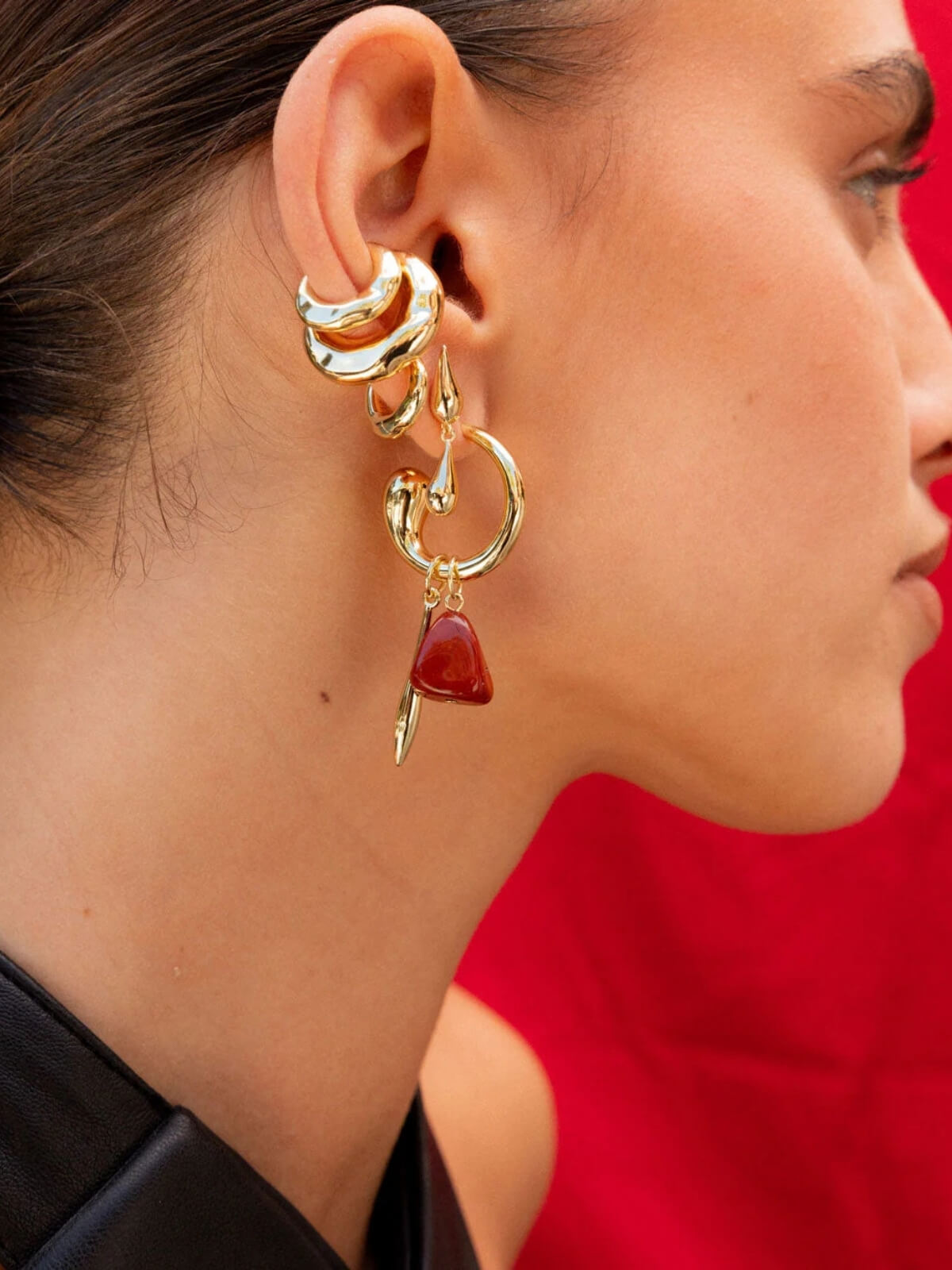 Swirl Statement Charm Earrings: Brass + 18k Gold Plating + Red Jasper