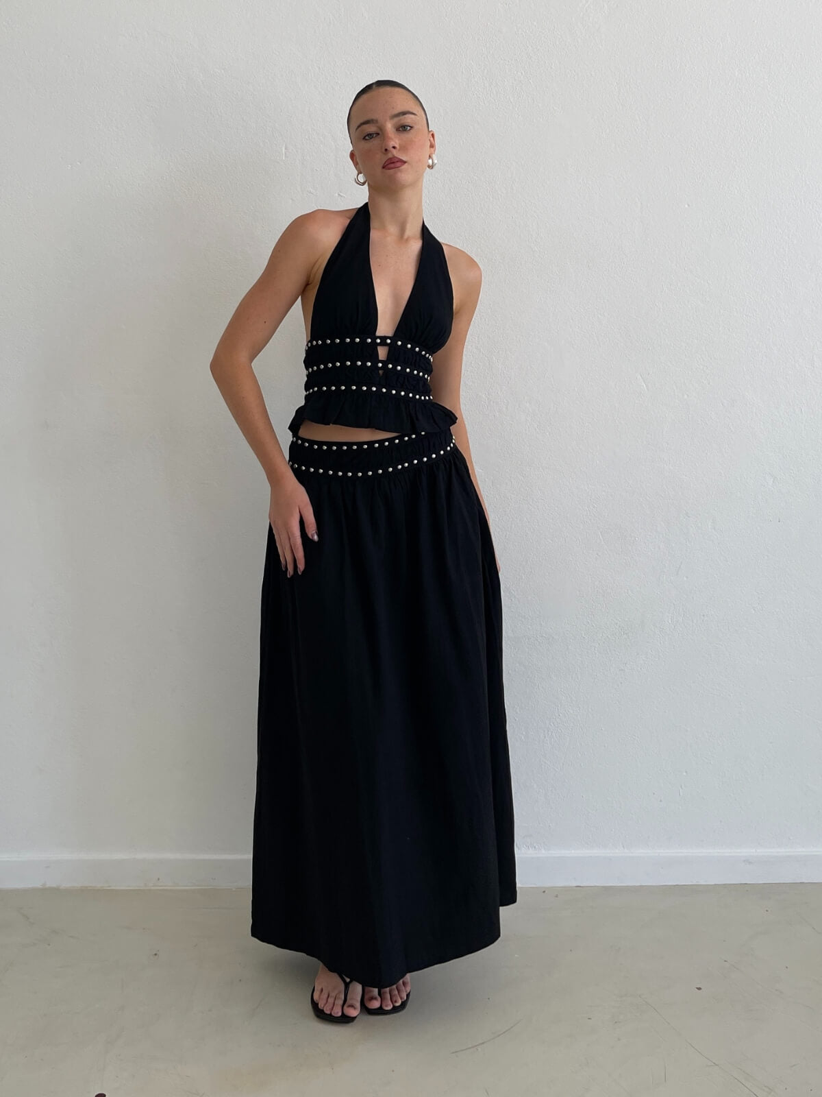 Tabby Studded Midi Skirt - Black