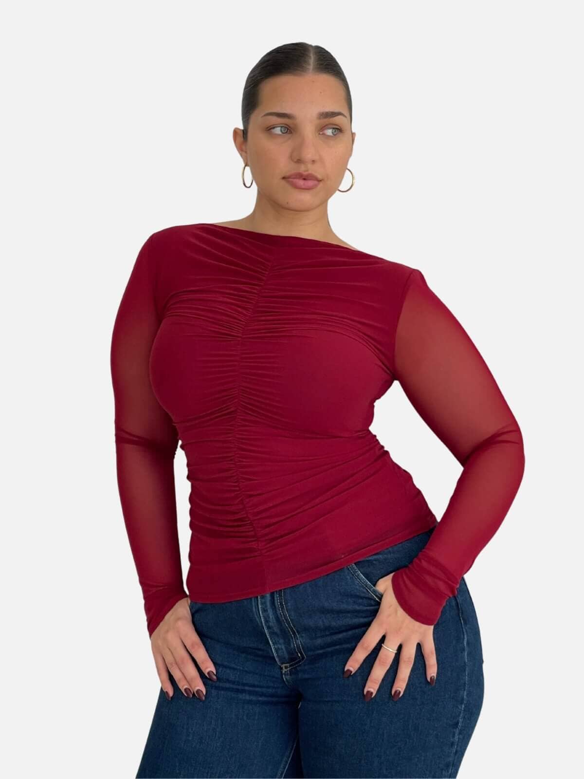 Christy Mesh Ruched Front L/S Top - Bordeaux Tops SUBOO