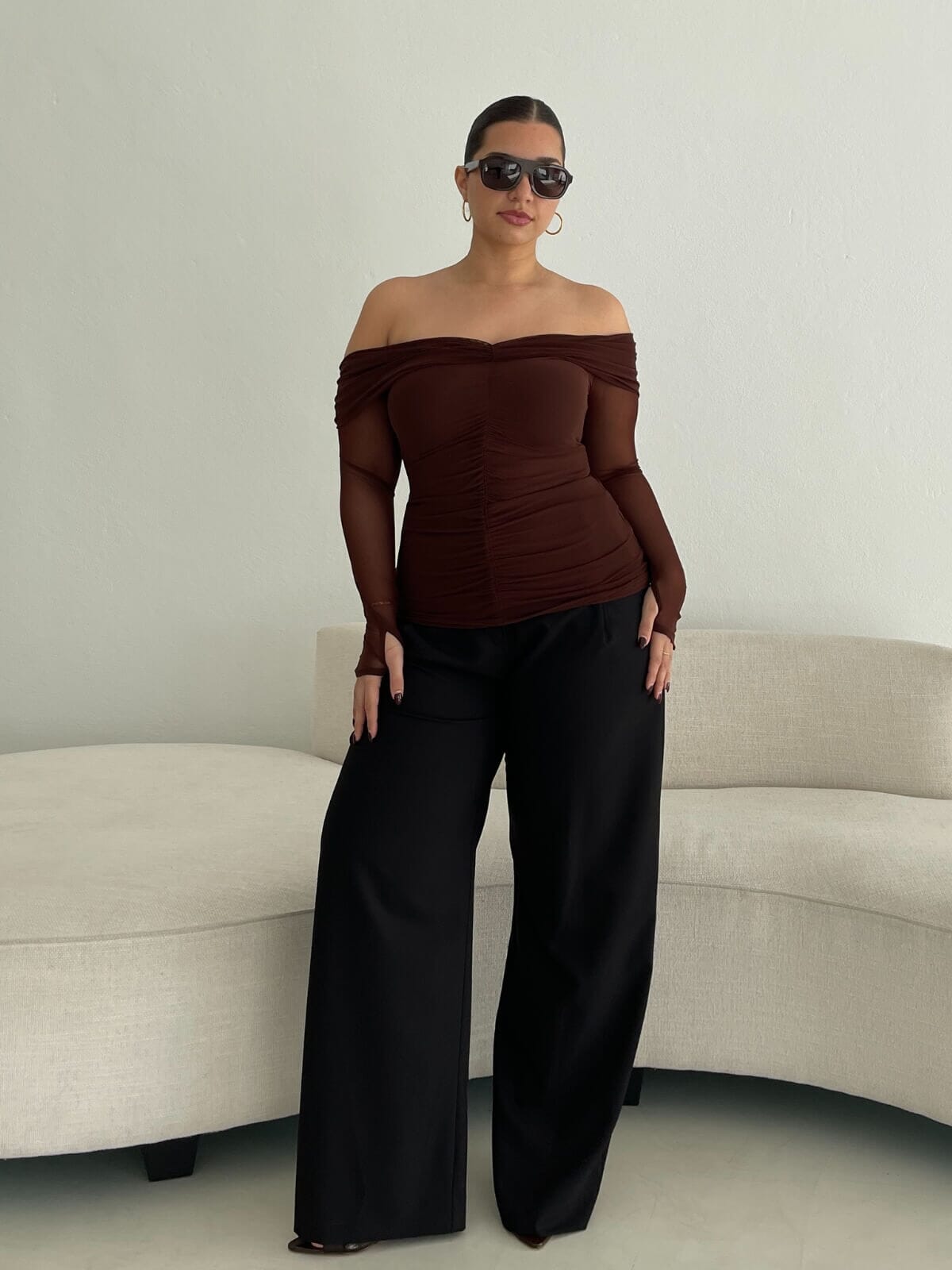 Christy Mesh Off Shoulder Top - Espresso Tops SUBOO