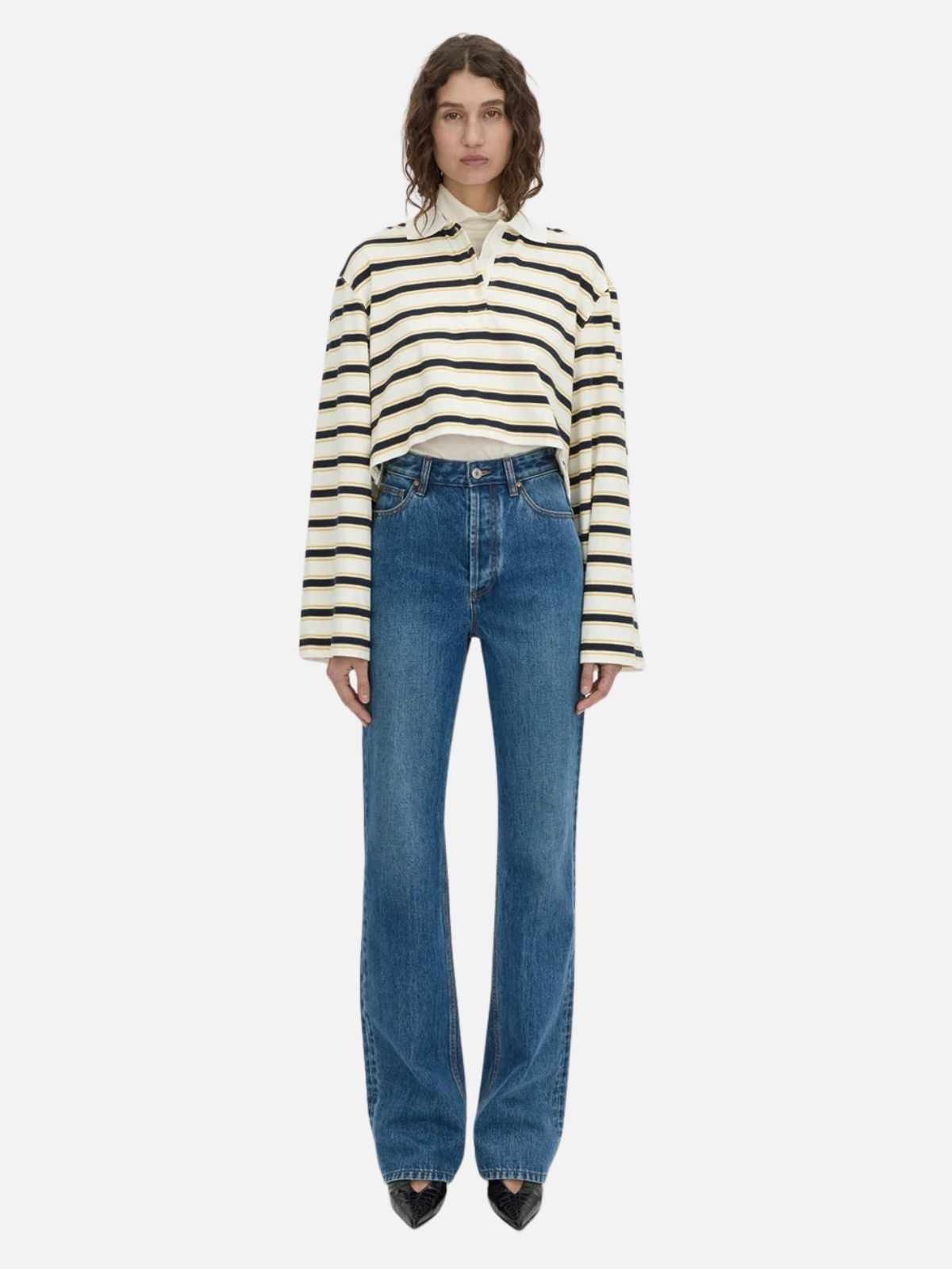 Liat Stripe Crop Polo Top - Soft White Stripe
