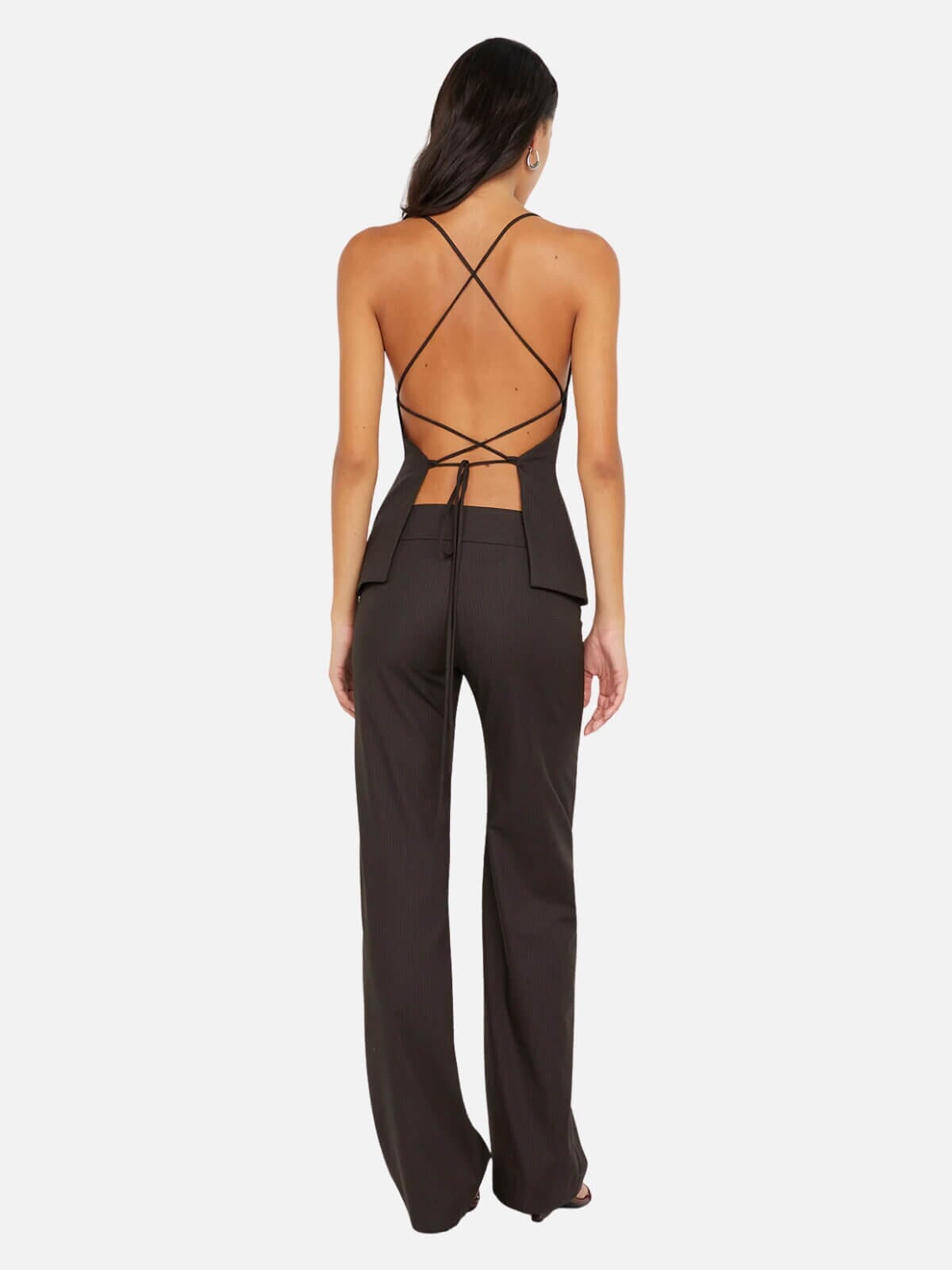 Bec + Bridge | Ingrid Tie Top - Choc Pinstripe | Perlu