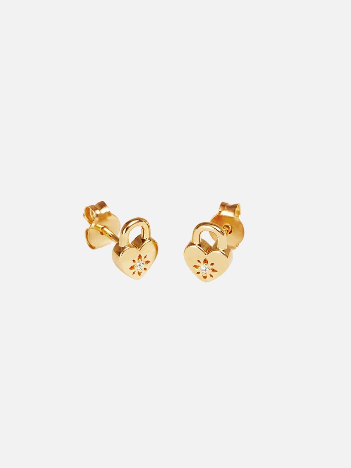 By Charlotte | 18k Gold Vermeil Crystal Lotus Heart Padlock Stud Earrings | Perlu