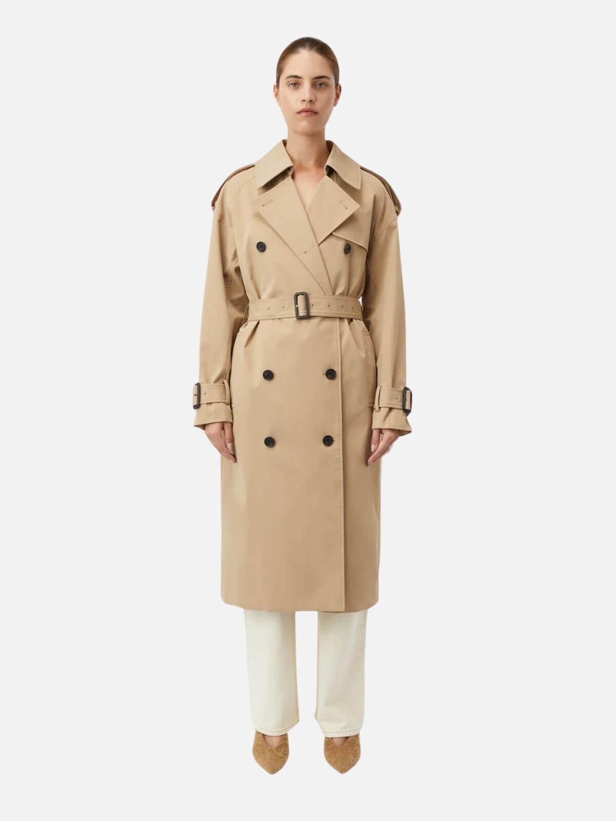 Camilla and Marc | Evans Mid Length Trench - Sand | Perlu