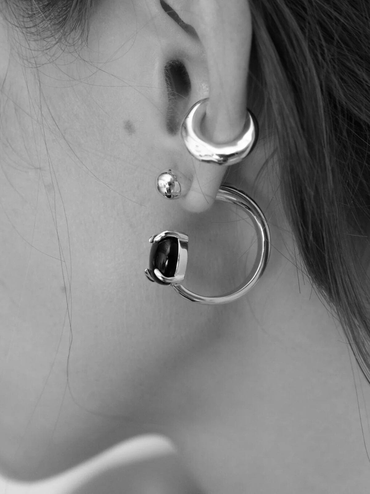 Accord Punk Earrings: Brass + Sterling Silver + Onyx Earrings F+H Jewellery 