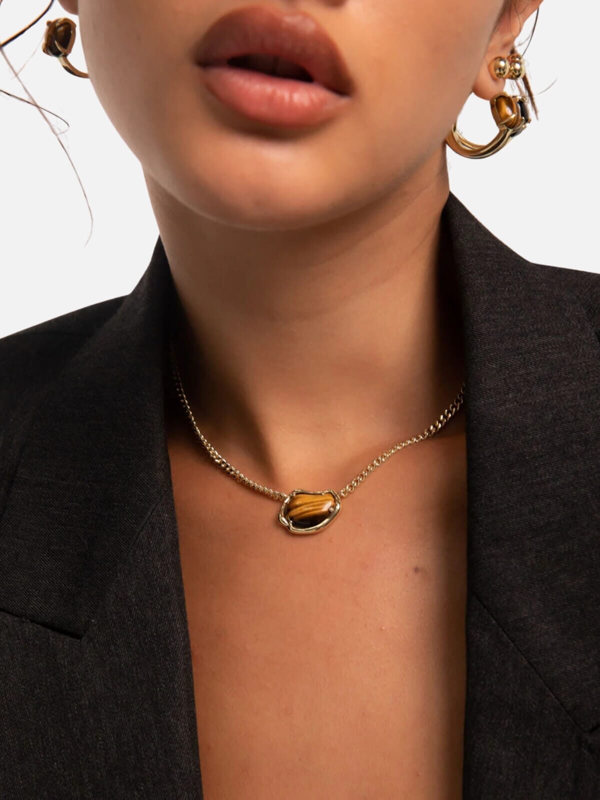 Bean Gemstone Chain Choker: Tiger's Eye Earrings F+H Jewellery 