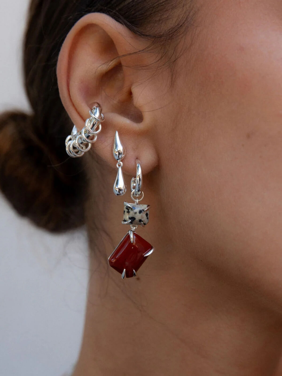 Double Drop Claw Earrings: Dalmation Jasper + Red Jasper