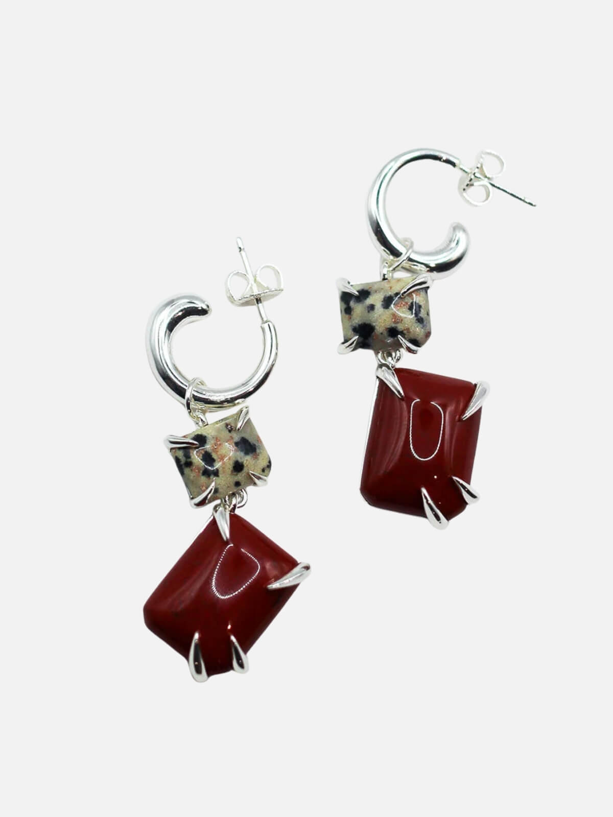 Double Drop Claw Earrings: Dalmation Jasper + Red Jasper
