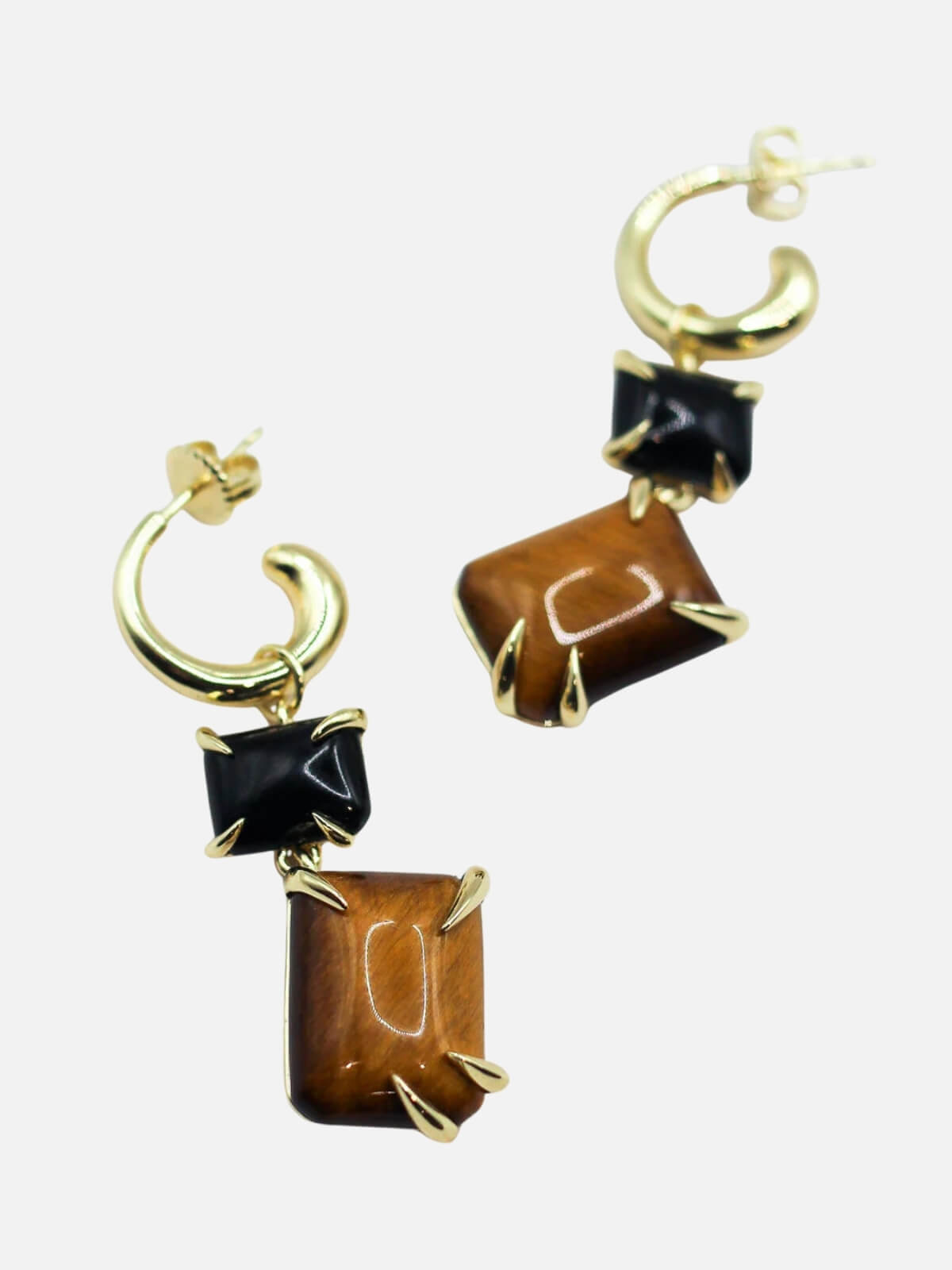 Double Drop Claw Earrings: Tiger's Eye + Onyx