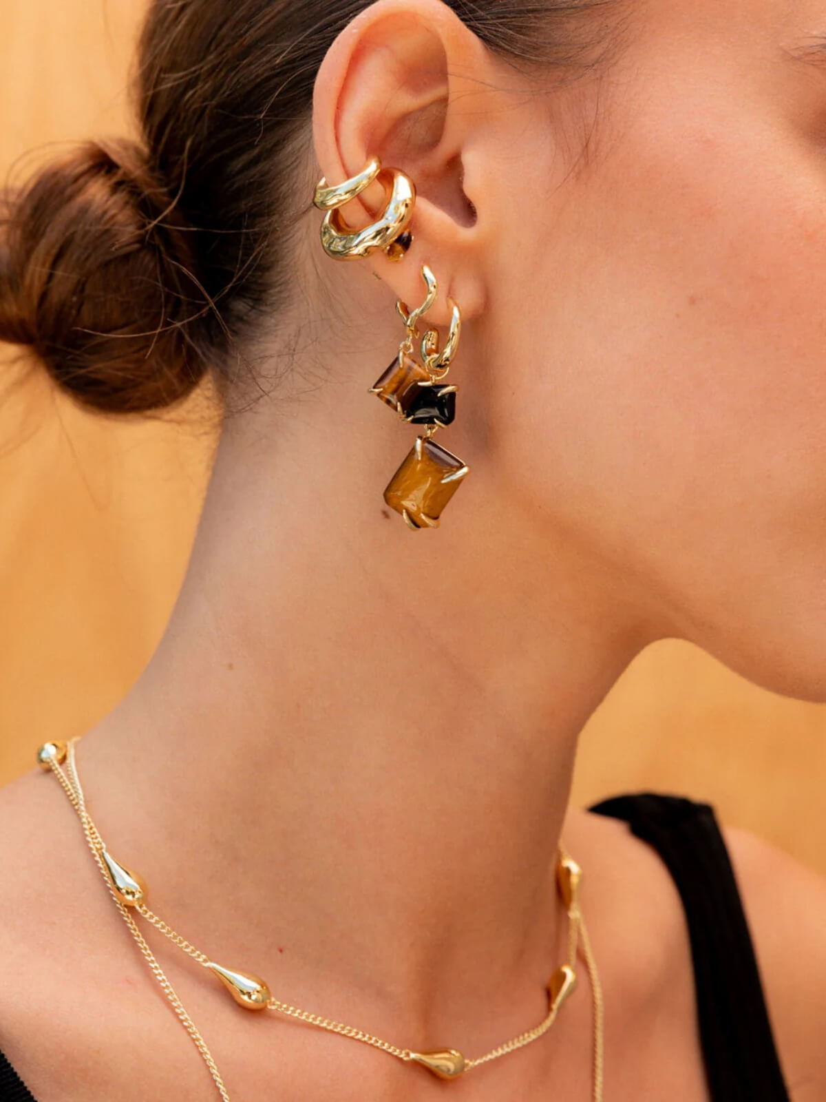 Double Drop Claw Earrings: Tiger's Eye + Onyx