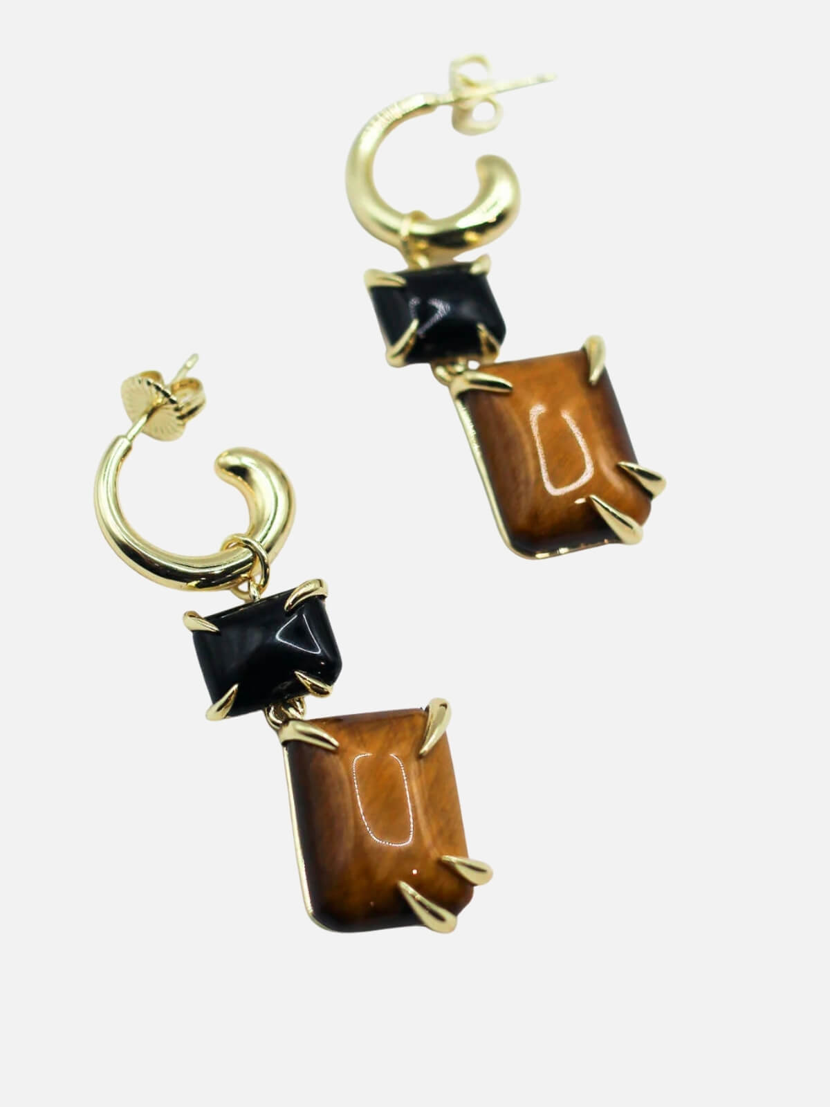 Double Drop Claw Earrings: Tiger's Eye + Onyx