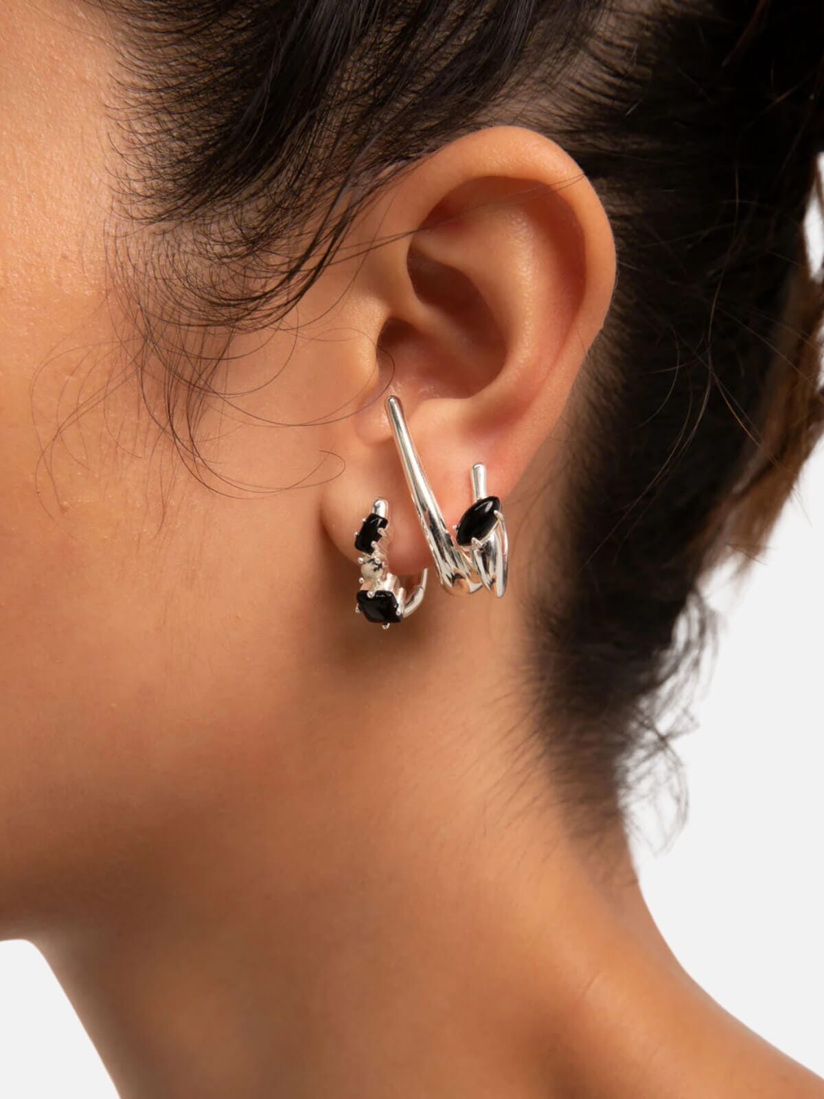 Fantasy Gemstone Huggies: Onyx + Dalmatian Jasper Earrings F+H Jewellery 