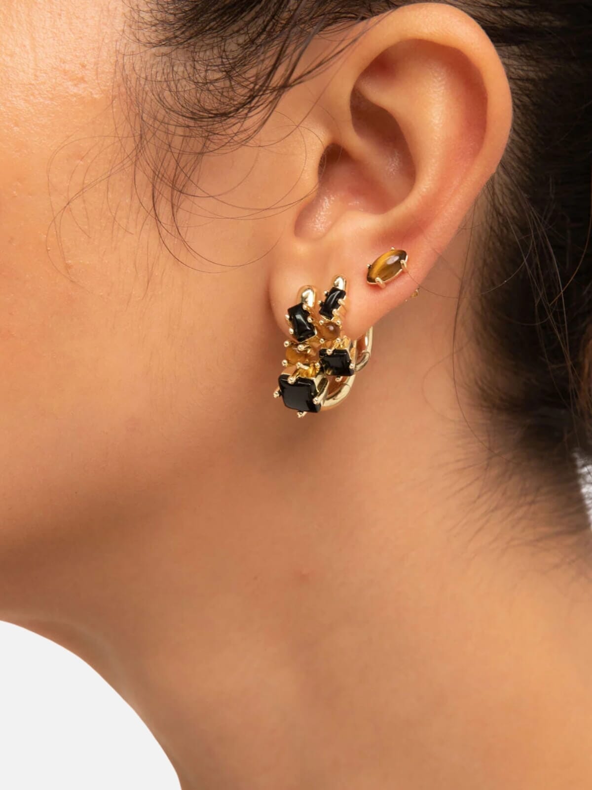 Fantasy Gemstone Huggies: Onyx + Tigers Eye Earrings F+H Jewellery 