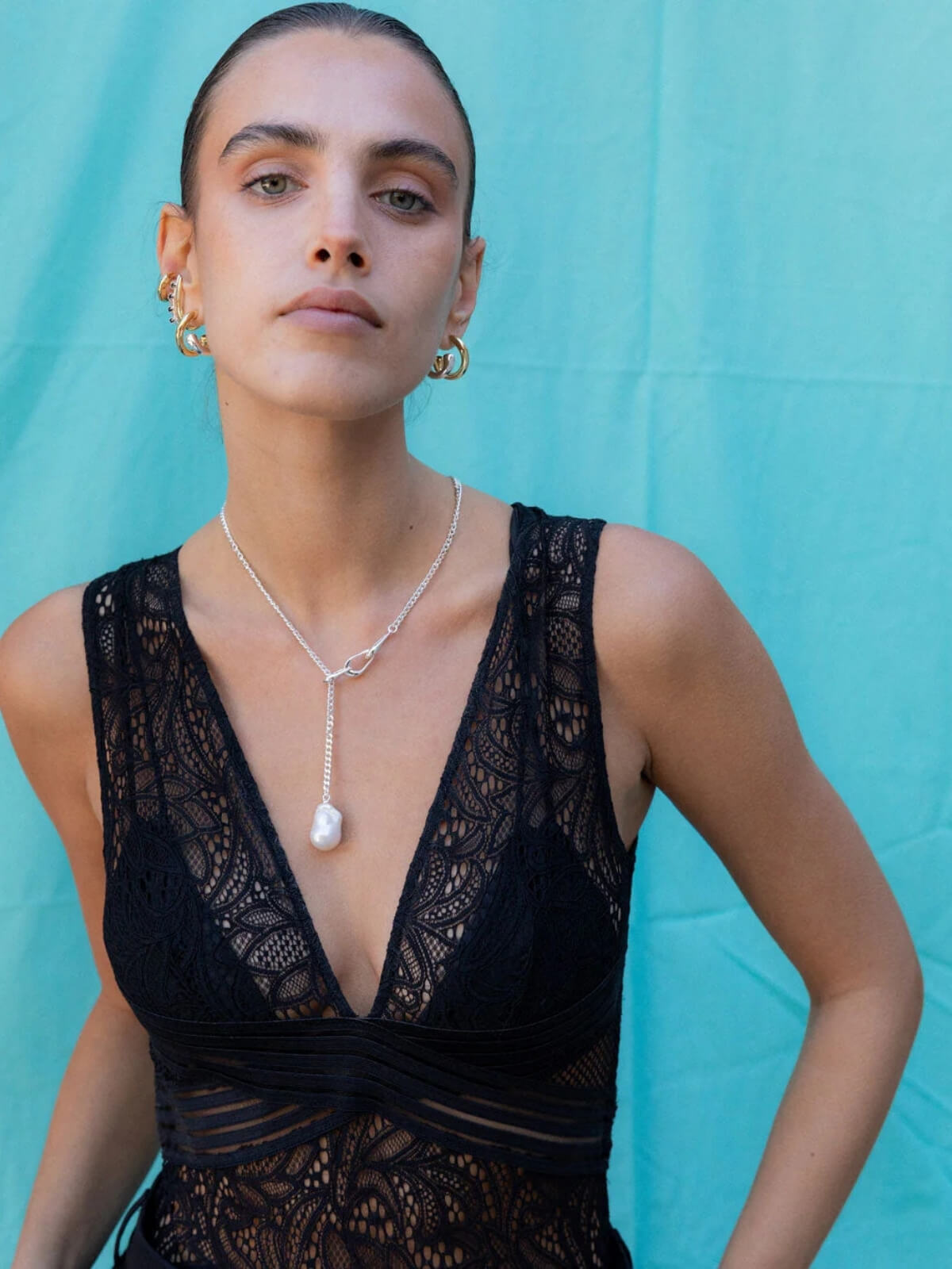 Linked Pearl Lariat Necklace: Sterling Silver + Freshwater Pearl