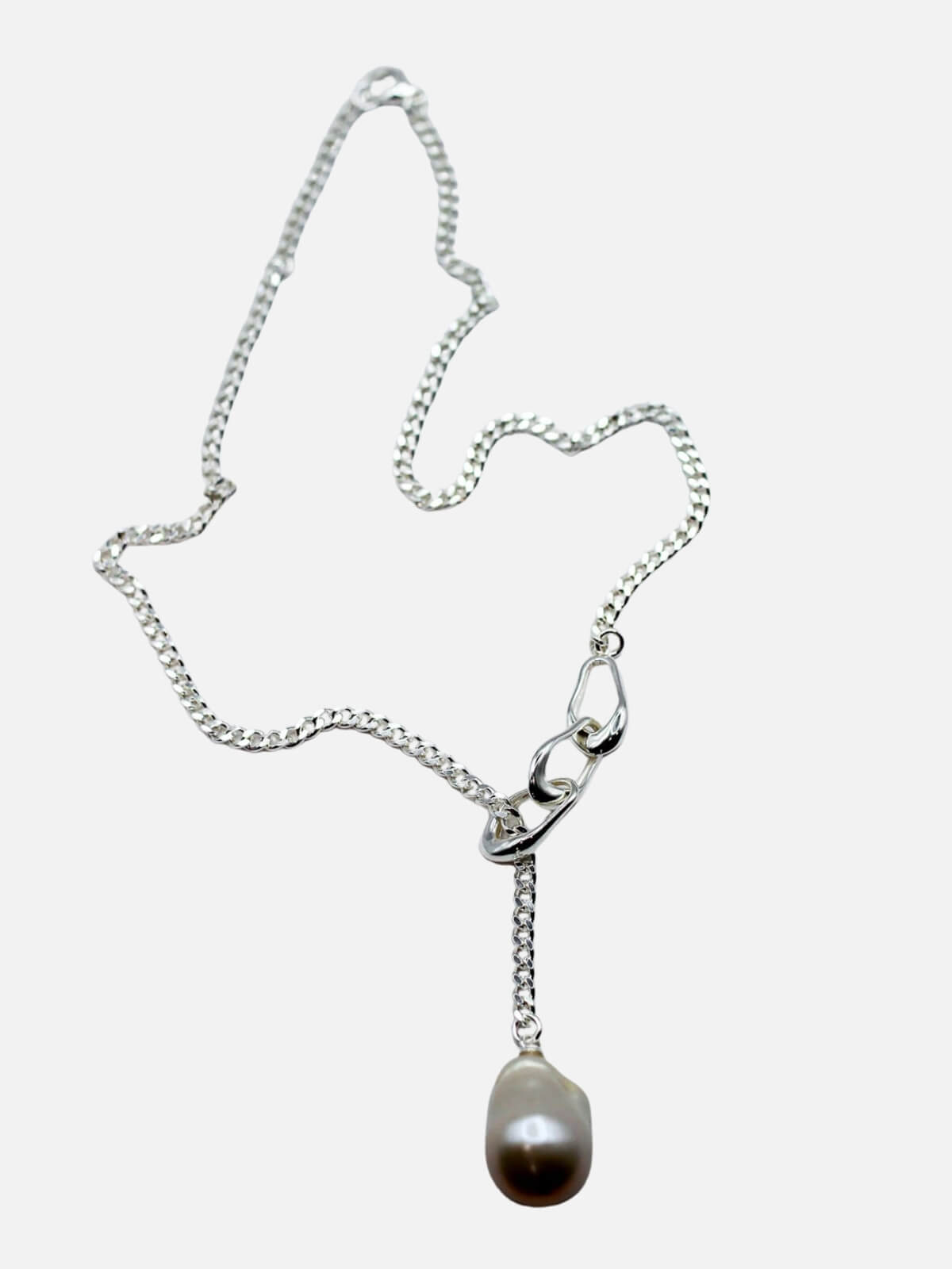 Linked Pearl Lariat Necklace: Sterling Silver + Freshwater Pearl