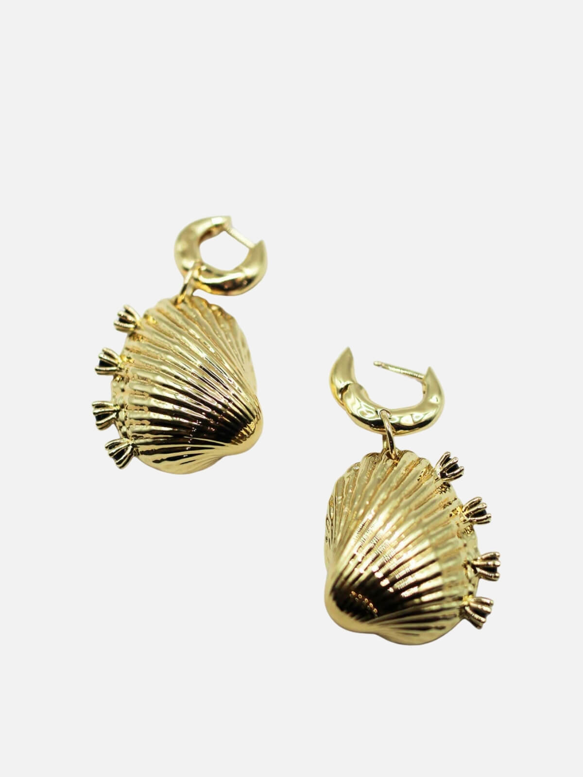 Salty Spiked Shell Earrings: Brass + 18K Gold Plating + Onyx