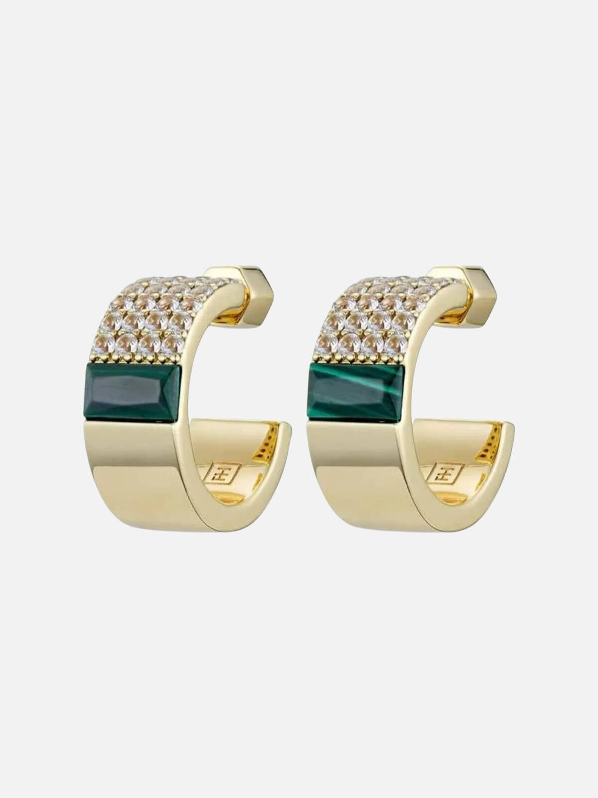 F+H | Spliced Malachite Hoop Earrings: Brass + 18K Gold Plating + Malachite + Topaz | Perlu