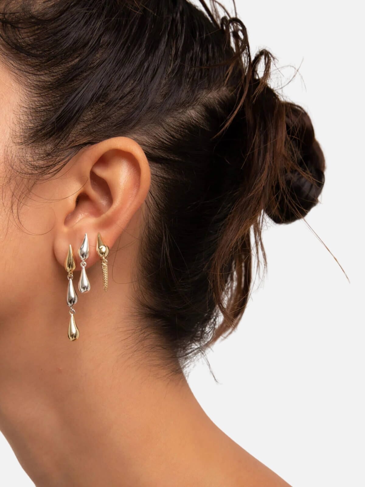 Triple Droplet Stud Earrings: Brass + 18K Gold Plating + Rhodium Earrings F+H Jewellery 