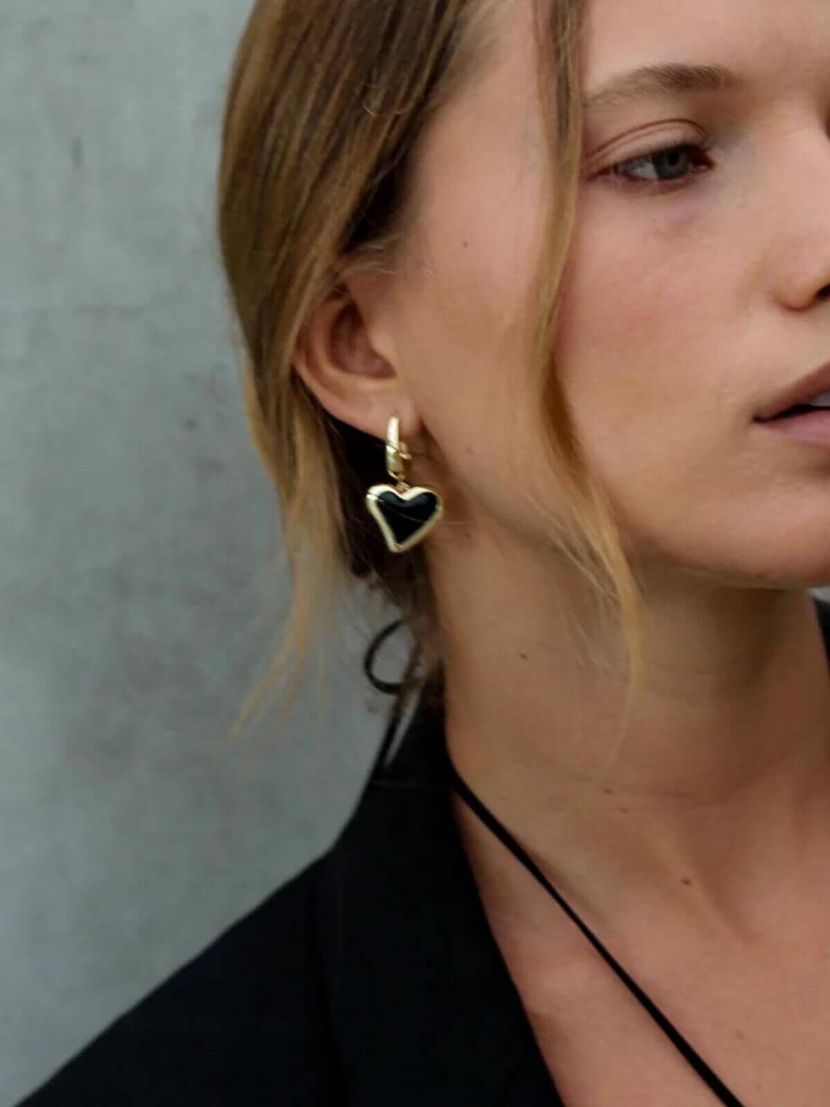 F+H | Whitney Heart Charm Earrings: Brass + 18K Gold Plating + Onyx | Perlu