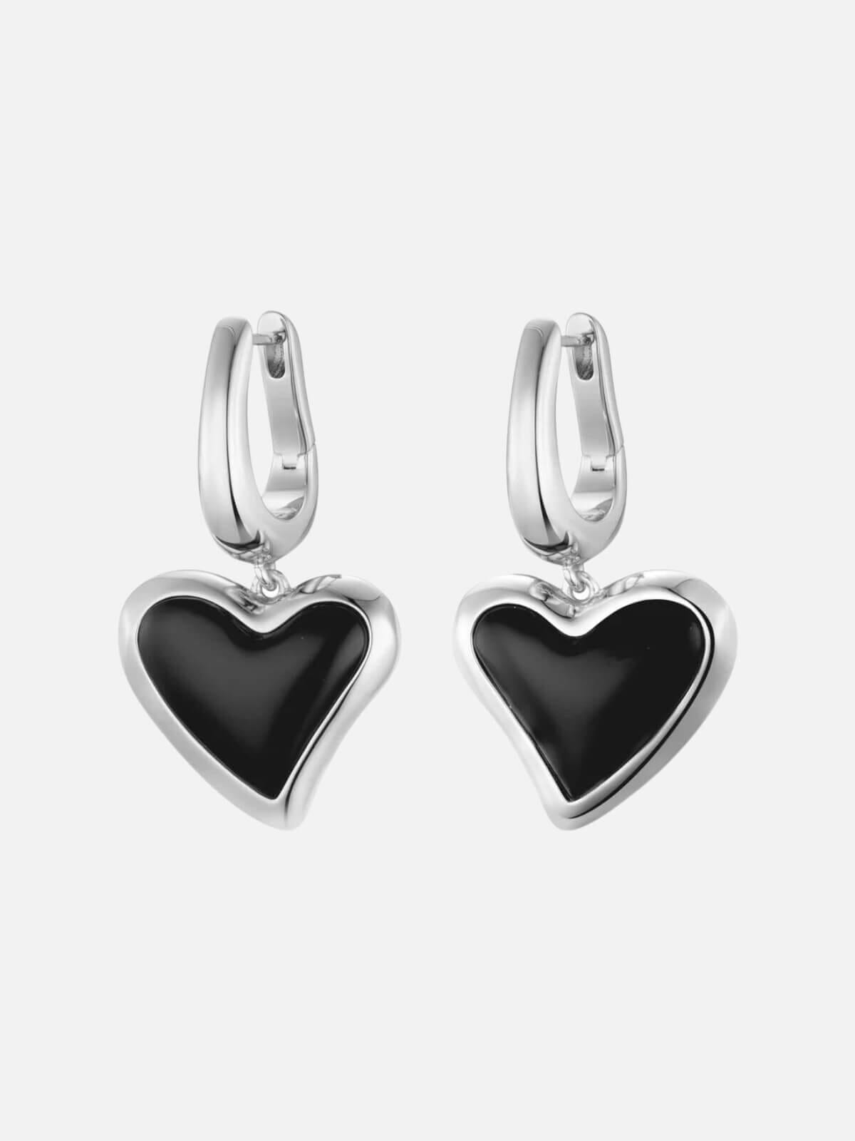 F+H | Whitney Heart Charm Earrings: Sterling Silver Plating + Onyx | Perlu