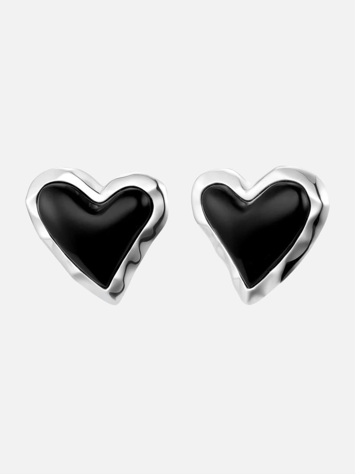 F+H | Whitney Statement Heart Earrings: Sterling Silver Plating + Onyx | Perlu