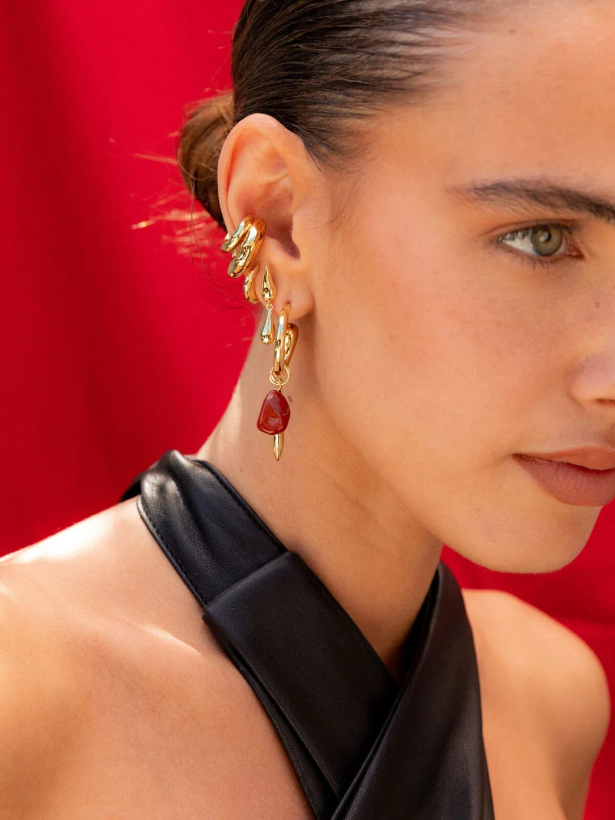 Swirl Statement Charm Earrings: Brass + 18k Gold Plating + Red Jasper