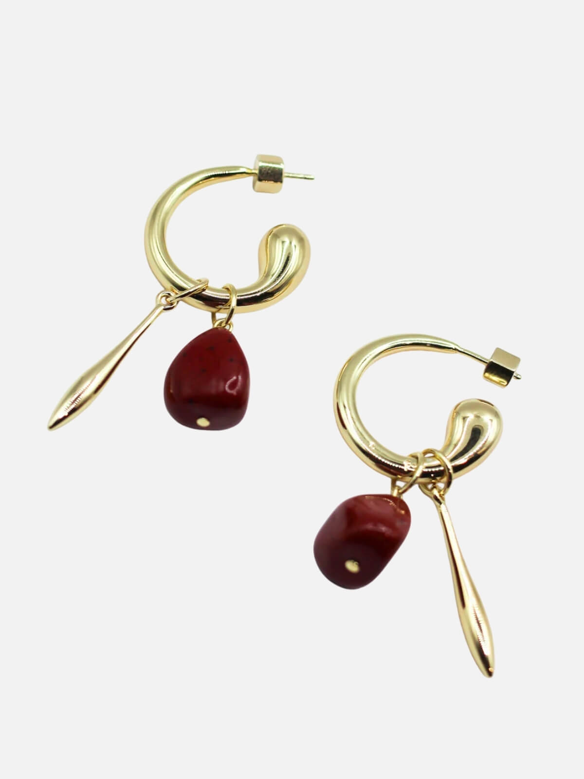 Swirl Statement Charm Earrings: Brass + 18k Gold Plating + Red Jasper