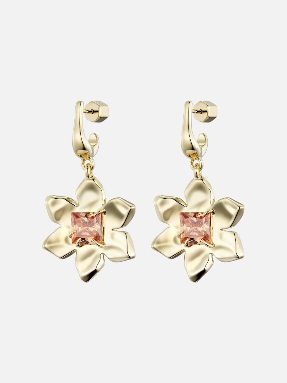 F+H | Flower Gemstone Earrings: Brass + 18K Gold + Champagne Quartz | Perlu
