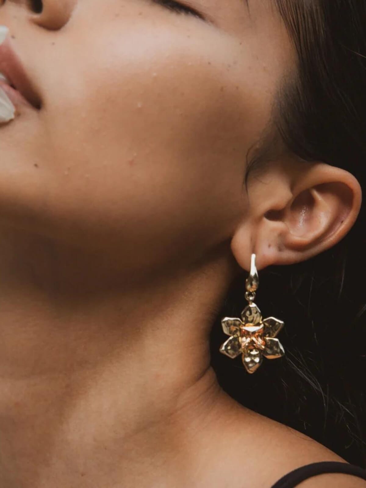 F+H | Flower Gemstone Earrings: Brass + 18K Gold + Champagne Quartz | Perlu