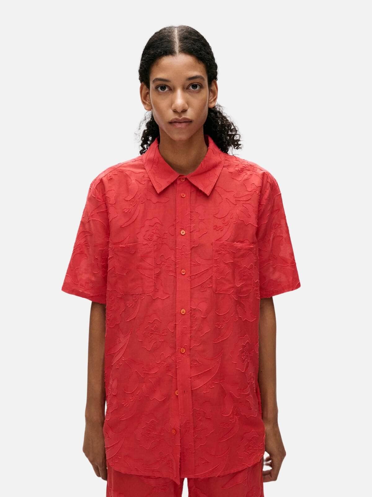 Silk Laundry | Clip Silk Short Sleeve Boyfriend Shirt - Geranium | Perlu