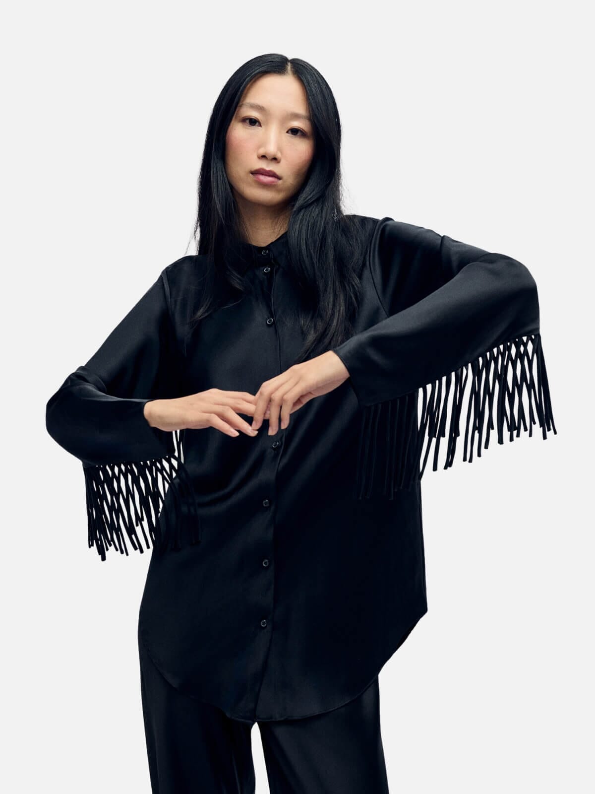 Silk Laundry | Fringe Bias Cut Shirt - Black | Perlu