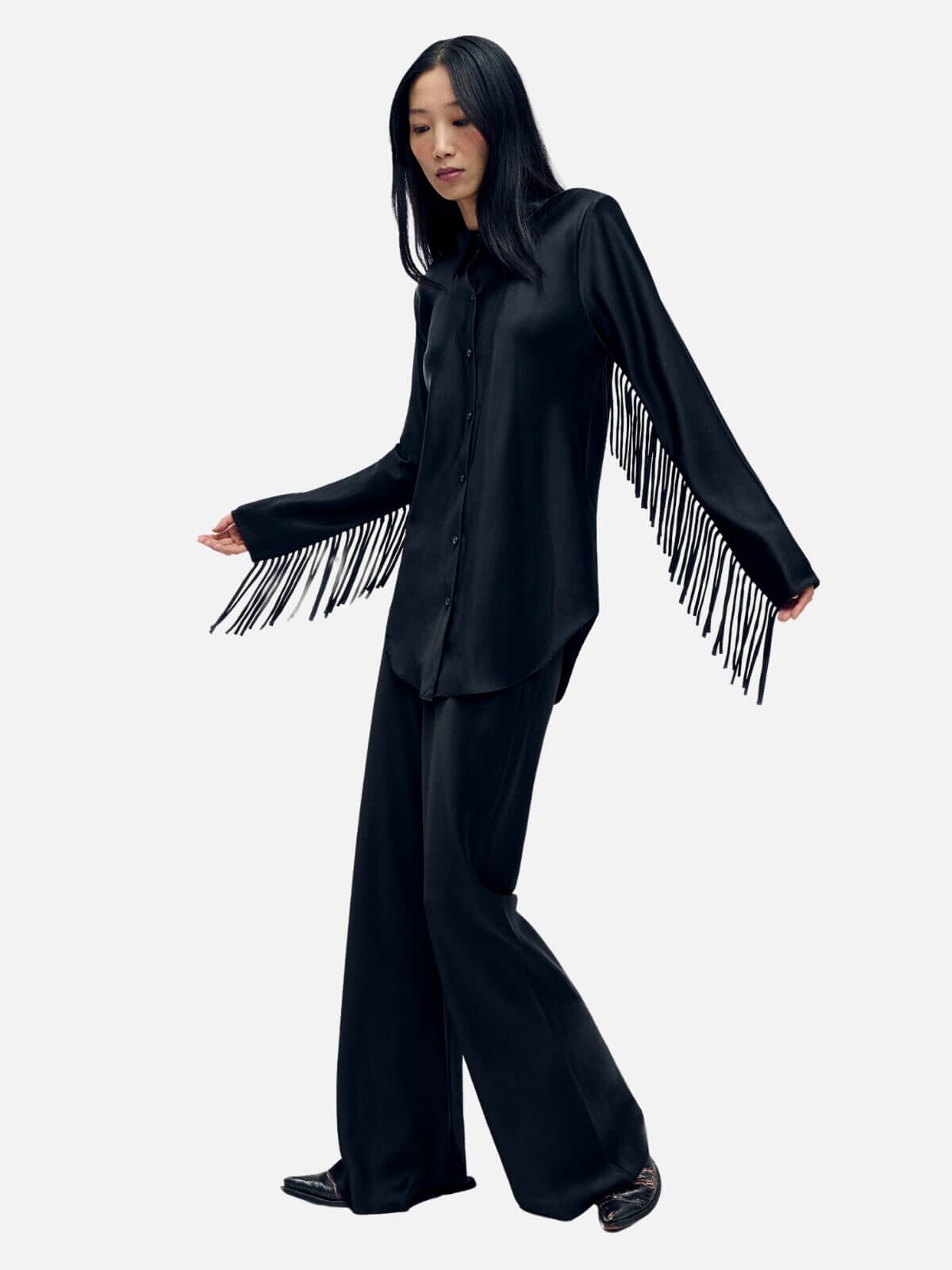 Silk Laundry | Fringe Bias Cut Shirt - Black | Perlu