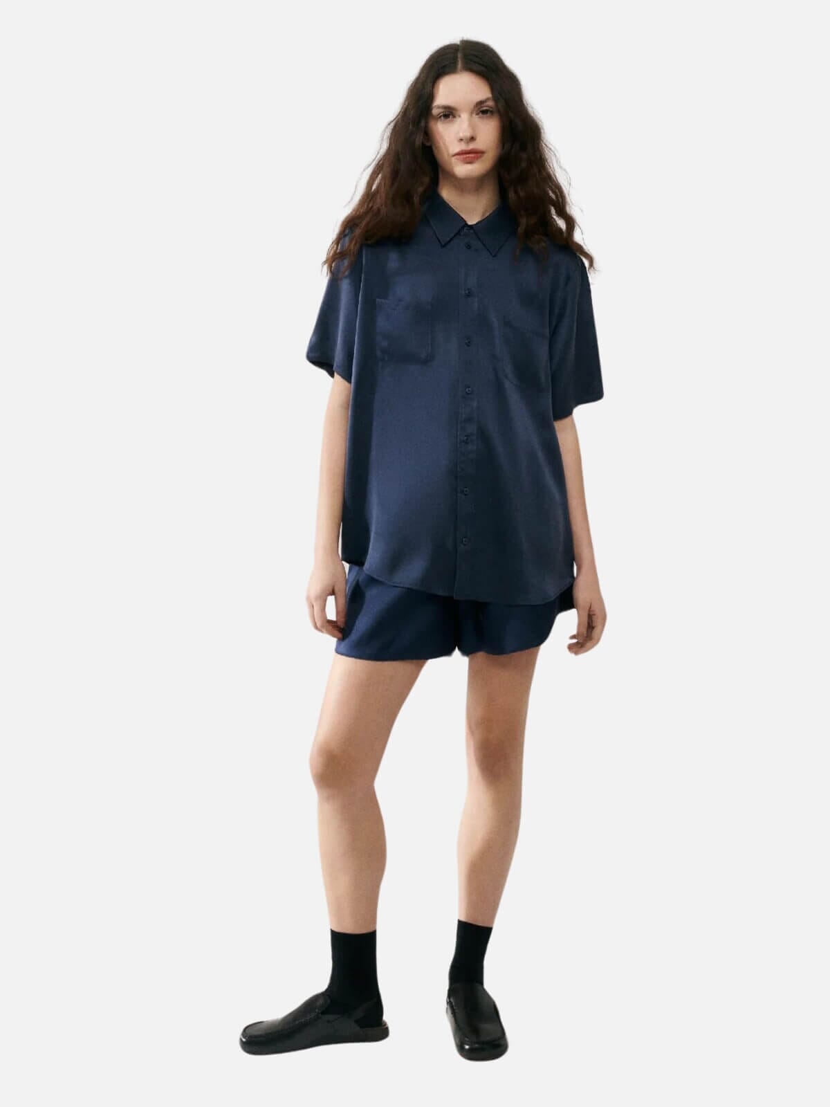 Silk Laundry | Short Sleeve Boyfriend Shirt - Midnight | Perlu