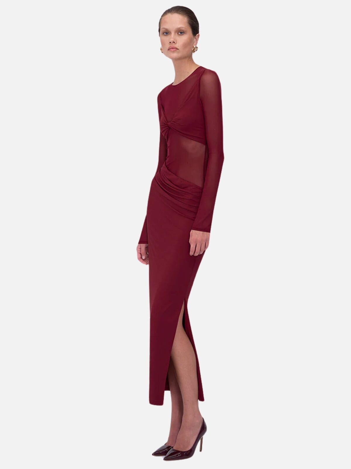 Auguste Long Sleeve Mesh Jersey Maxi - Bordeaux Dresses & Jumpsuits SUBOO 