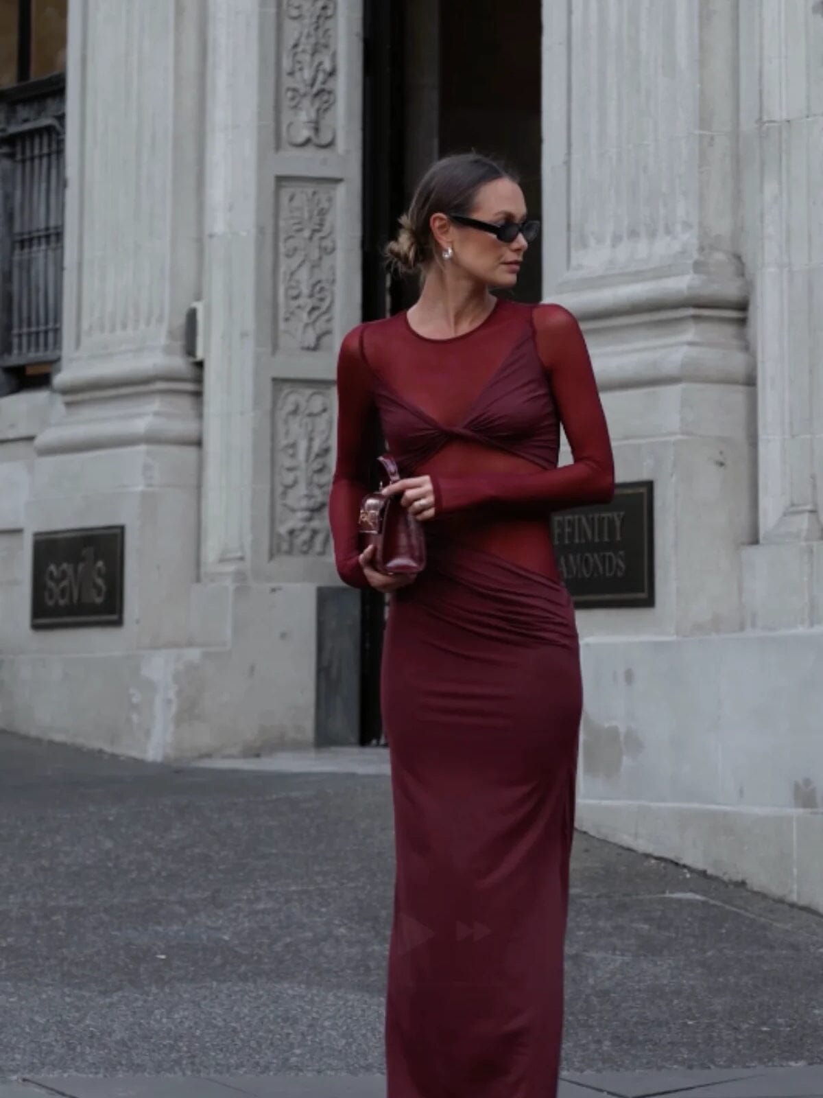 Auguste Long Sleeve Mesh Jersey Maxi - Bordeaux Dresses & Jumpsuits SUBOO 