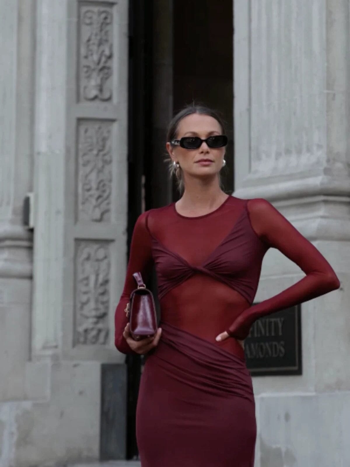 Auguste Long Sleeve Mesh Jersey Maxi - Bordeaux Dresses & Jumpsuits SUBOO 