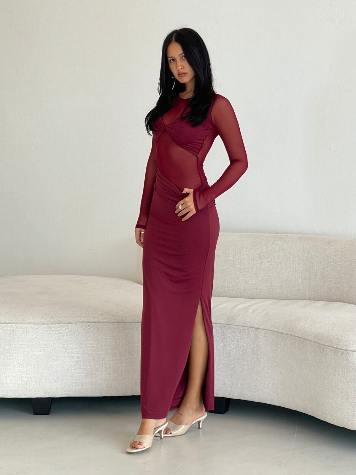 Auguste Long Sleeve Mesh Jersey Maxi - Bordeaux Dresses & Jumpsuits SUBOO 